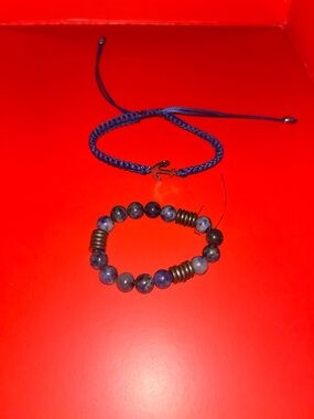 Navy Braided Anchor Bracelet and Blue Beaded Stretch Bracelet